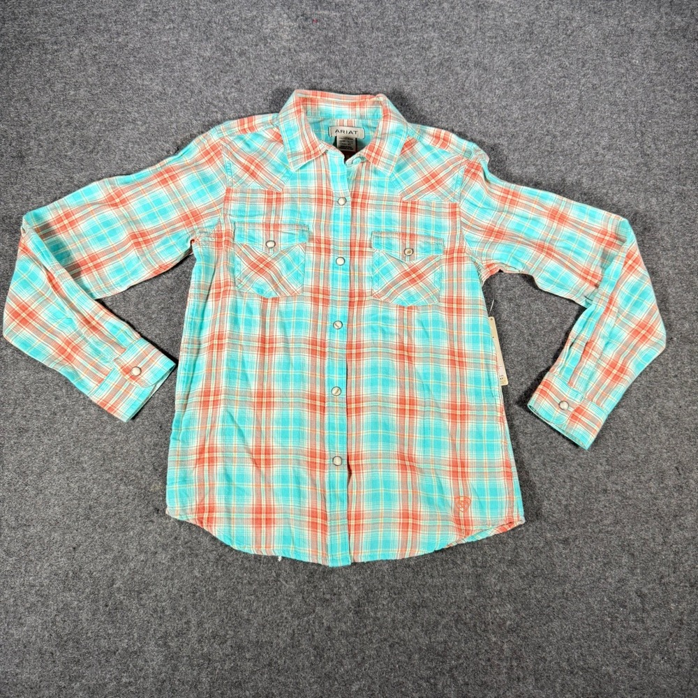 Ariat Kids‎ Edan Blue Plaid Western Snap Long Sleeve Shirt Youth XL 14 NWT
